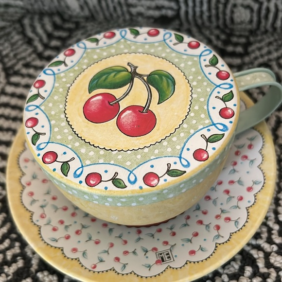 Mary Engelbreit Cherry Metal Teacup/Saucer Set - Picture 2 of 7